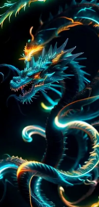 Vivid neon dragon artwork on a black background.