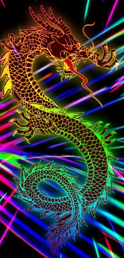 Vibrant neon dragon with rainbow colors on a black background.