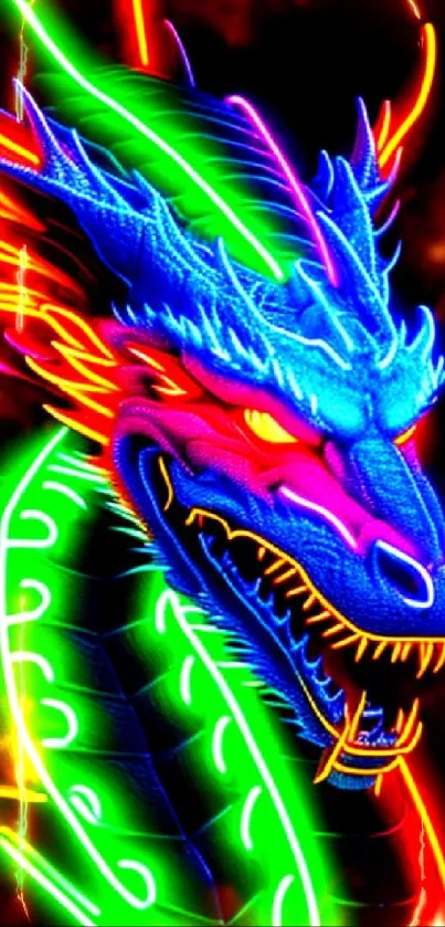 Vibrant neon dragon art wallpaper with colorful glowing design on black background.