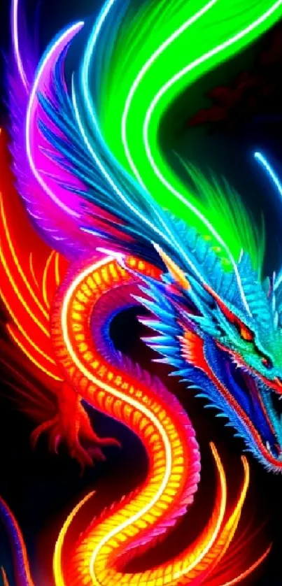 Neon dragon with vibrant colors on a dark background, perfect mobile wallpaper.