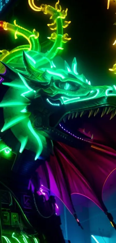 Vibrant neon dragon with glowing lights in a futuristic art style.