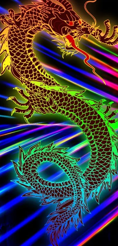 Vibrant neon dragon with colorful laser beams.