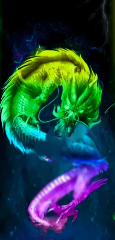 Neon dragon with vibrant colors on a dark background.