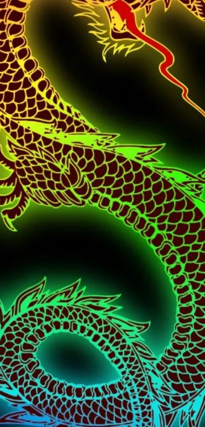 Vibrant neon dragon in colorful shades on a dark background.