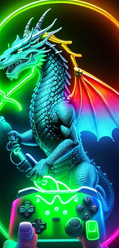 Neon dragon holding a gaming controller in a vibrant fantasy design.
