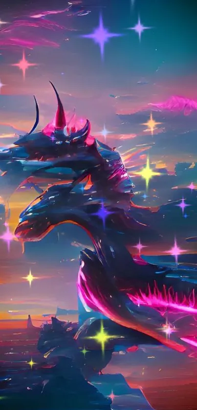 Neon dragon in vibrant fantasy scene