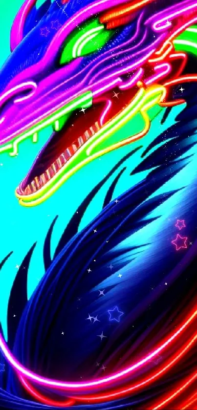 Vibrant neon dragon with bold colors.