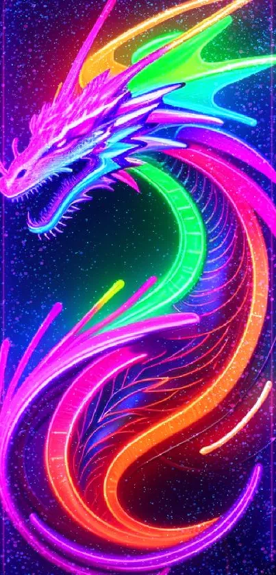 Vibrant neon dragon design on a dark background, perfect for mobile wallpaper.