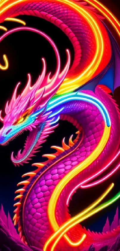 A vibrant neon dragon with sharp features and bright colors against a dark background.