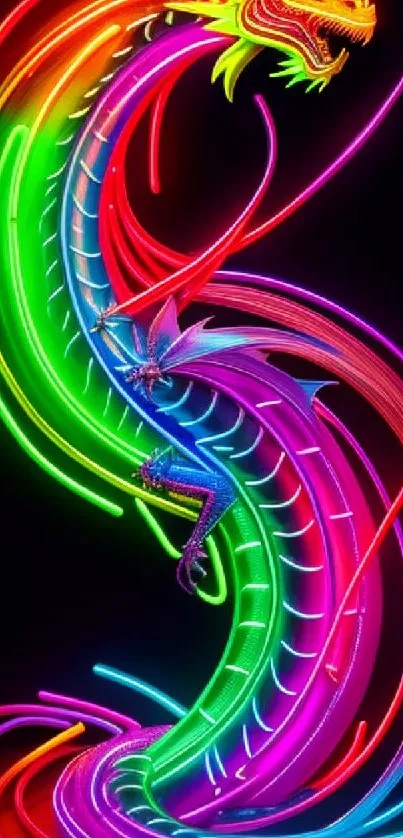 Vibrant neon dragon with colorful swirls on a dark background.