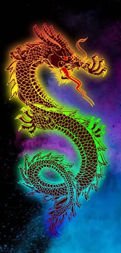 Neon dragon with rainbow hues on smoky black background.