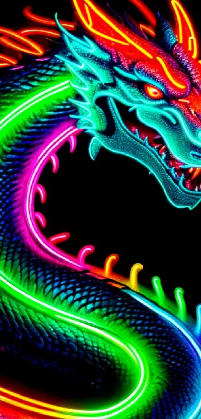 Vibrant neon dragon wallpaper with colorful scales and glowing design.