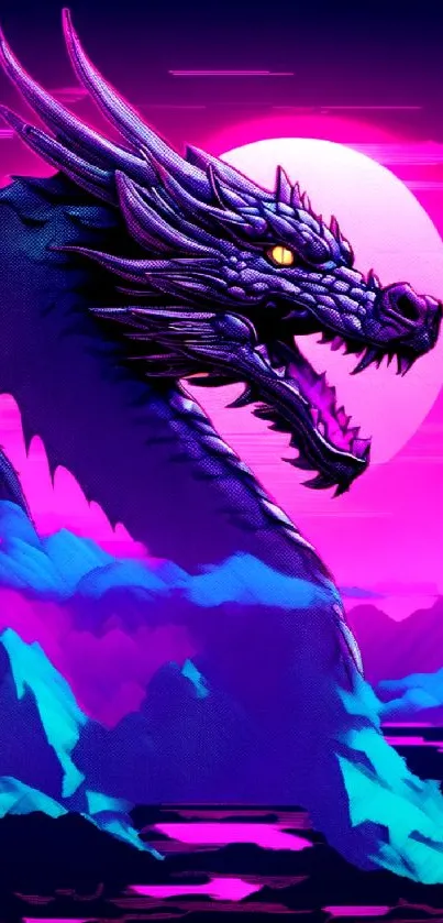 Neon dragon with magenta moon background.