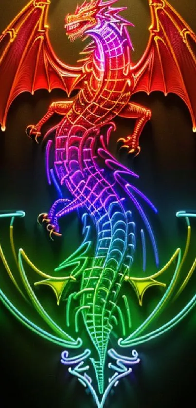 Colorful neon dragon with rainbow hues on dark background.