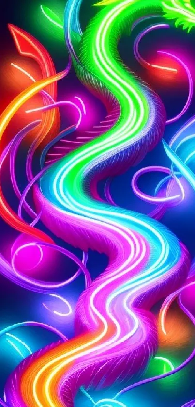 Vibrant neon dragon with colorful glowing ribbons on a dark background.