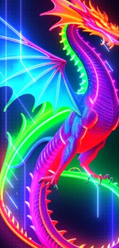 Colorful neon dragon illustration on a dark background.
