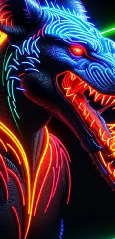 Vibrant neon dragon with glowing LED lights displays a fiery and modern art style.