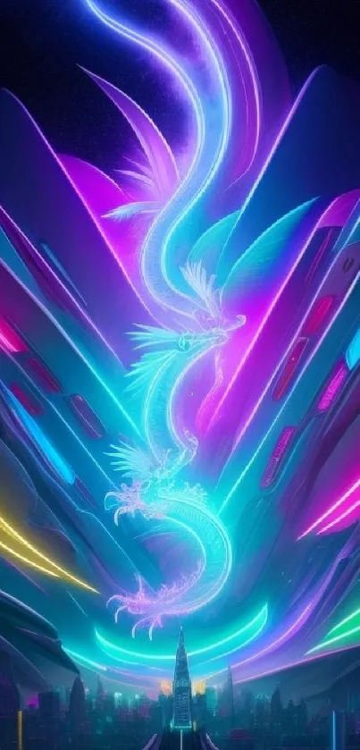 Neon dragon flying above a futuristic city with vibrant purple and blue lights.