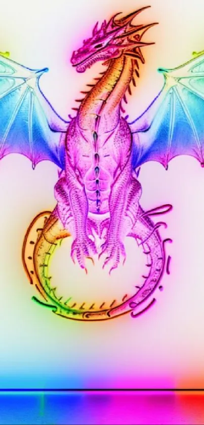 Vibrant neon dragon with wings and colorful background.