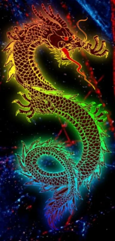 Vibrant neon dragon with rainbow glow on a dark background.