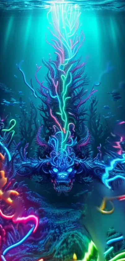 Vibrant neon dragon with colorful lights underwater, ideal for mobile wallpaper.