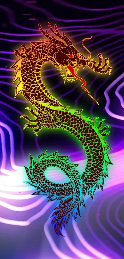 Colorful neon dragon with vibrant patterns on a purple abstract background.