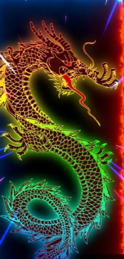 A neon dragon shines with vibrant colors on a black background.