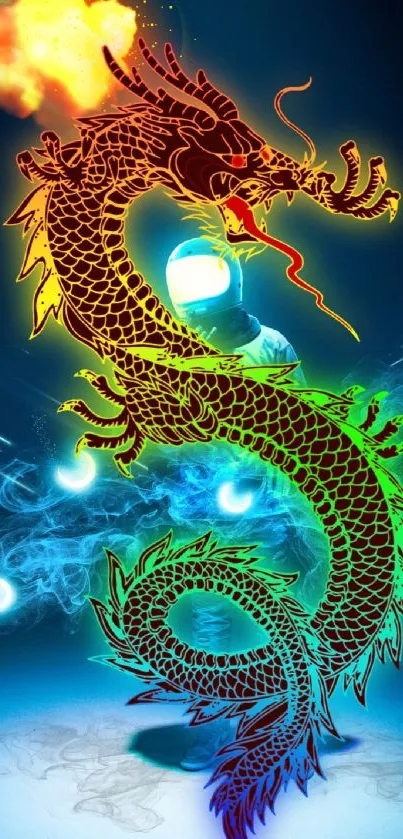 Vibrant neon dragon emitting fire in a mystical, colorful digital artwork.