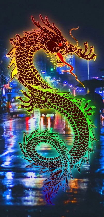 Neon dragon over a rainy night city scene in vibrant colors.