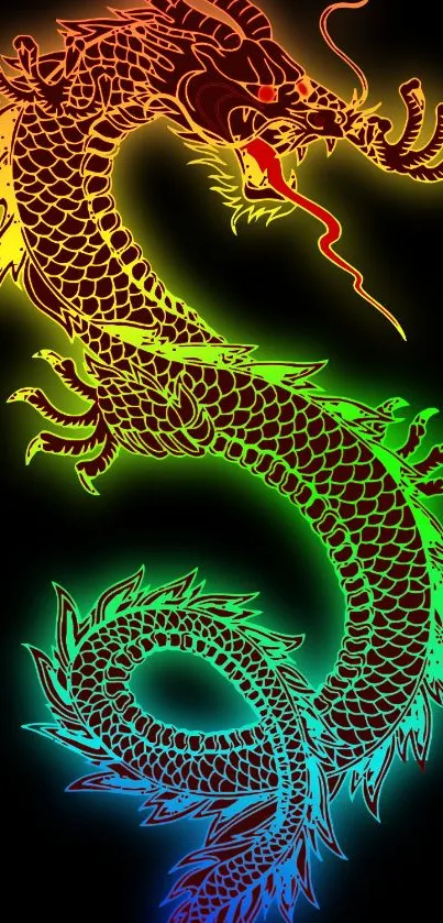 Vibrant neon dragon with colorful scales on a black background.