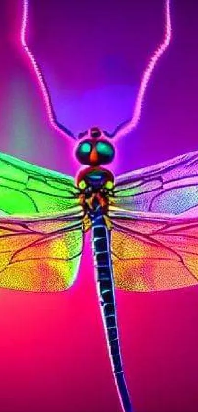 Vibrant neon dragonfly with colorful wings.