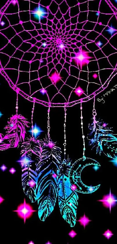 Vibrant neon dreamcatcher with colorful feathers glowing on a black background.