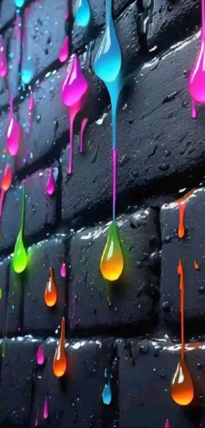 Colorful neon paint drips on a dark brick wall wallpaper.