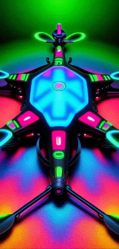 Vibrant neon drone with colorful geometric design and glowing elements.