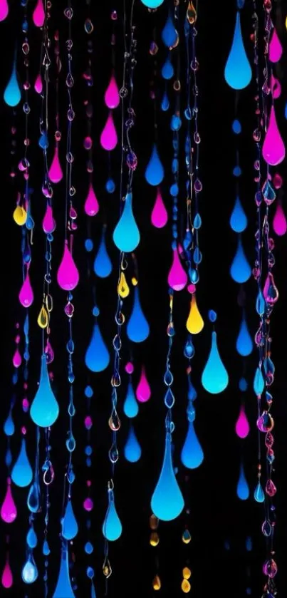 Vibrant neon droplets cascade on black background.