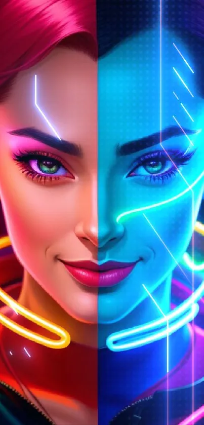 Vibrant neon dual portrait wallpaper with bright colors and artistic design.