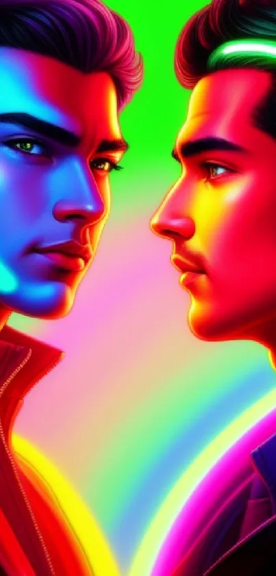 Neon-style dual portrait wallpaper with vibrant colors and futuristic vibe.