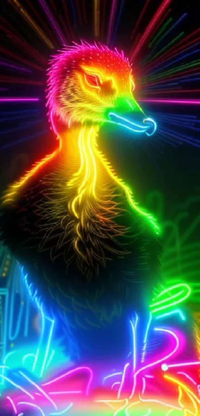 Colorful neon duck with abstract design and bright hues.