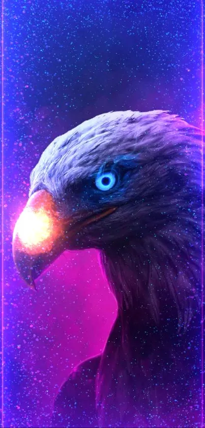 Neon eagle portrait with vibrant pink and blue hues.