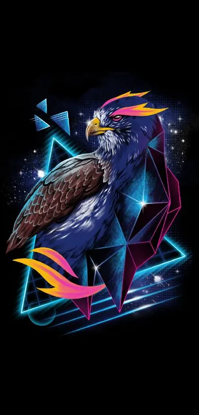 Neon eagle art with geometric shapes and cosmic background.