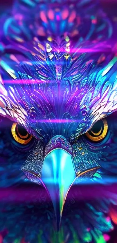 Vibrant neon eagle art with purple and blue hues.