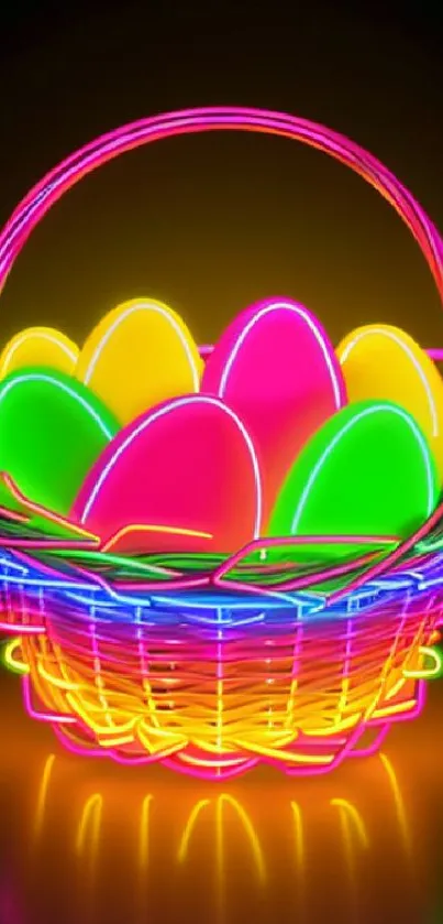 Colorful neon Easter basket with glowing eggs.