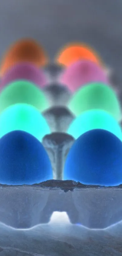 Colorful neon eggs in a carton, glowing vibrantly.