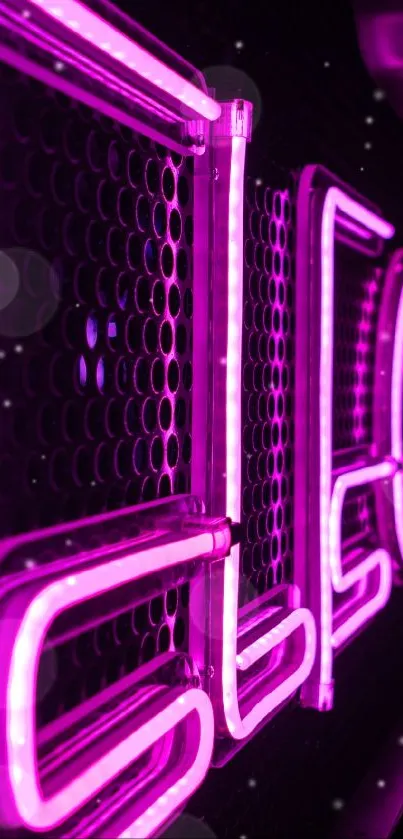Purple neon electric sign on black background.