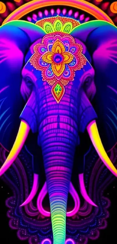 Colorful neon elephant with mandala design on black background.