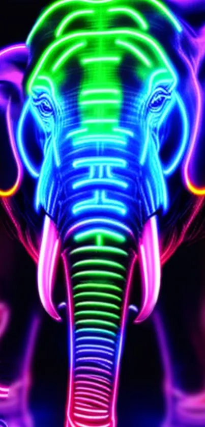 Vibrant neon design of an elephant with colorful glowing patterns.