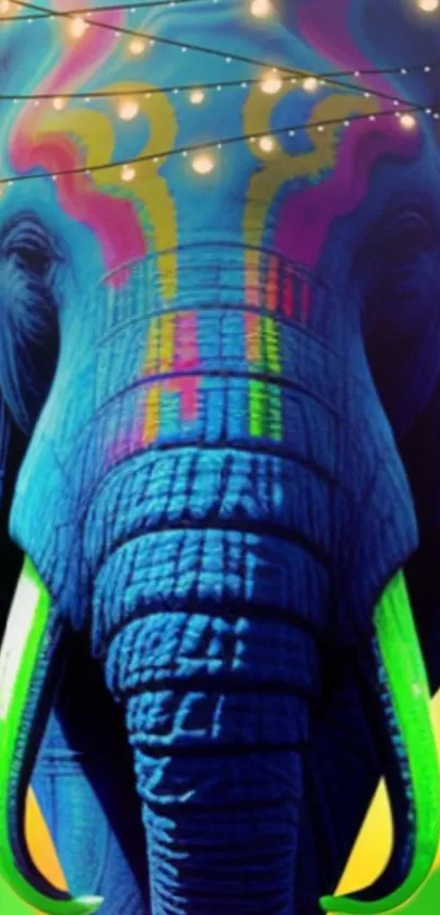 Vibrant neon elephant with colorful patterns.