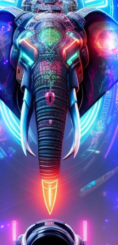 Cyberpunk elephant in neon lights, vibrant futuristic design.