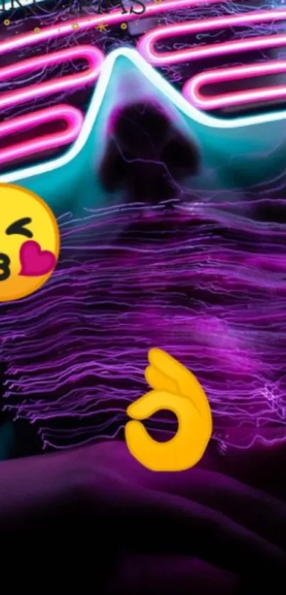 Vibrant neon wallpaper with emoji designs and glowing purple accents.