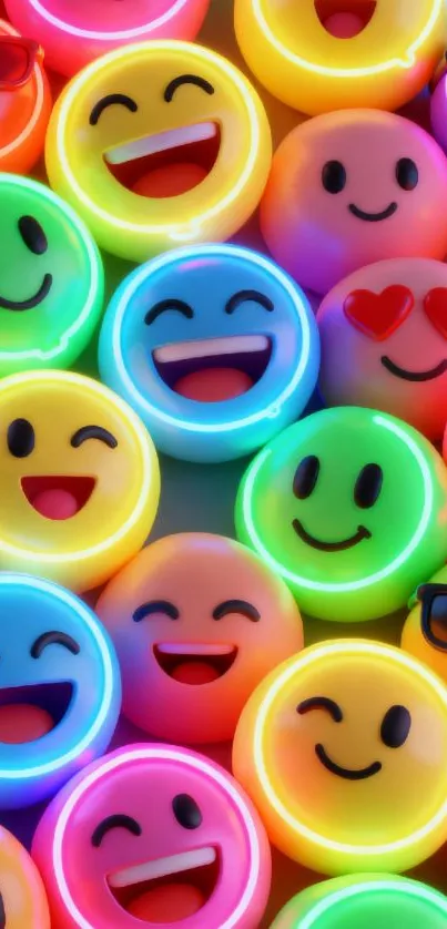 Vibrant neon emoji wallpaper with colorful expressions.